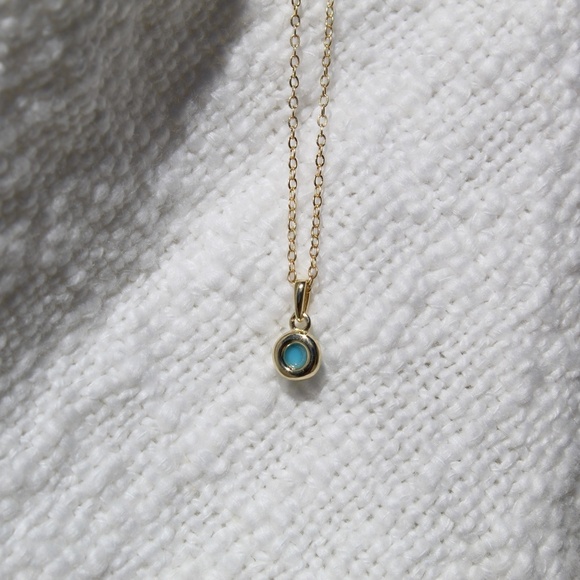 Sterling Silver Gold Necklace with Turquoise Mini Round Pendant - Picture 10 of 10